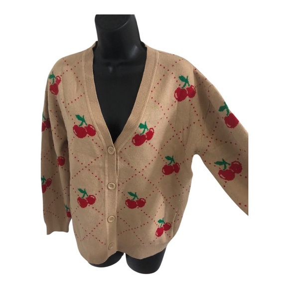Tan cherry printed v-neck slouchy Mr Rogers grandpa style cardigan size small - Picture 4 of 9